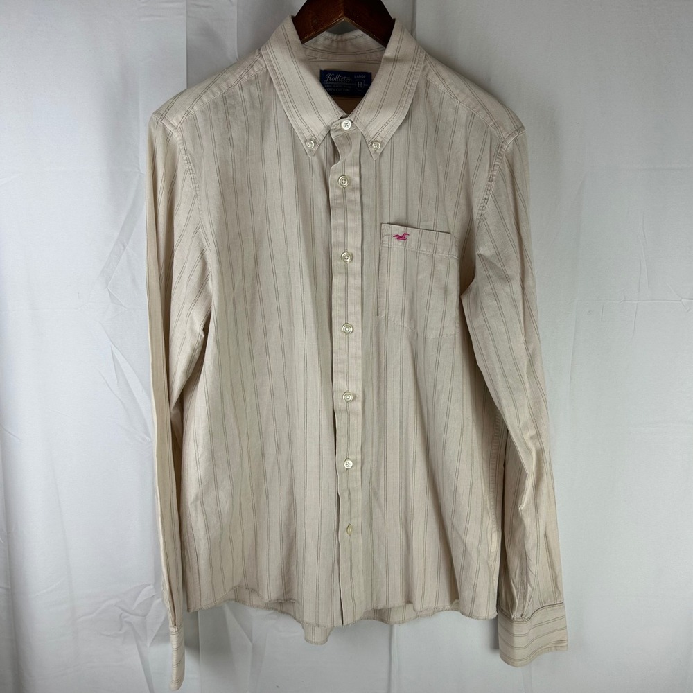 VTG Hollister Button Down Shirt Mens Large Beige Tan Striped Long Sleeve Cotton